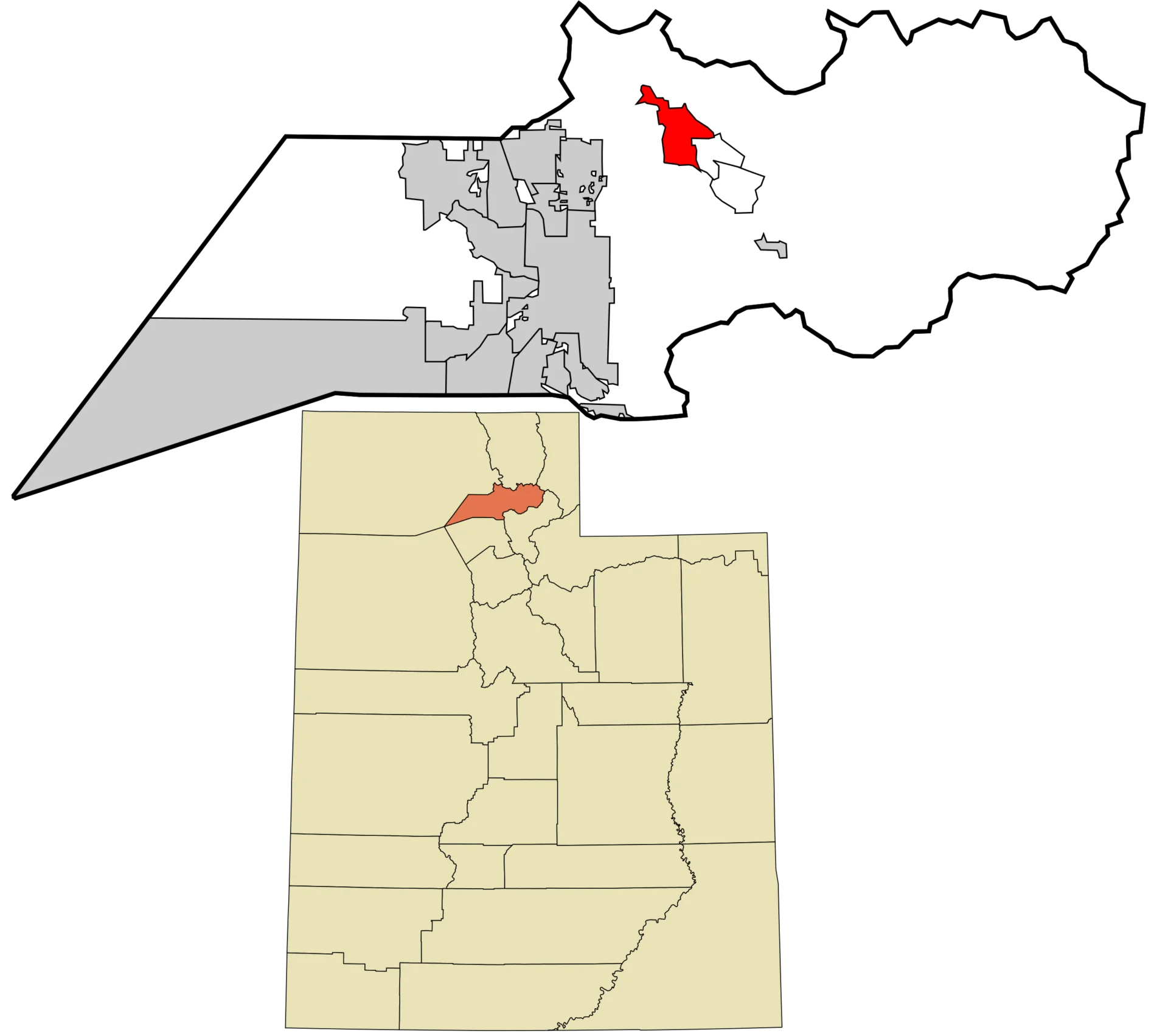 Map of Utah highlighting a specific region in red