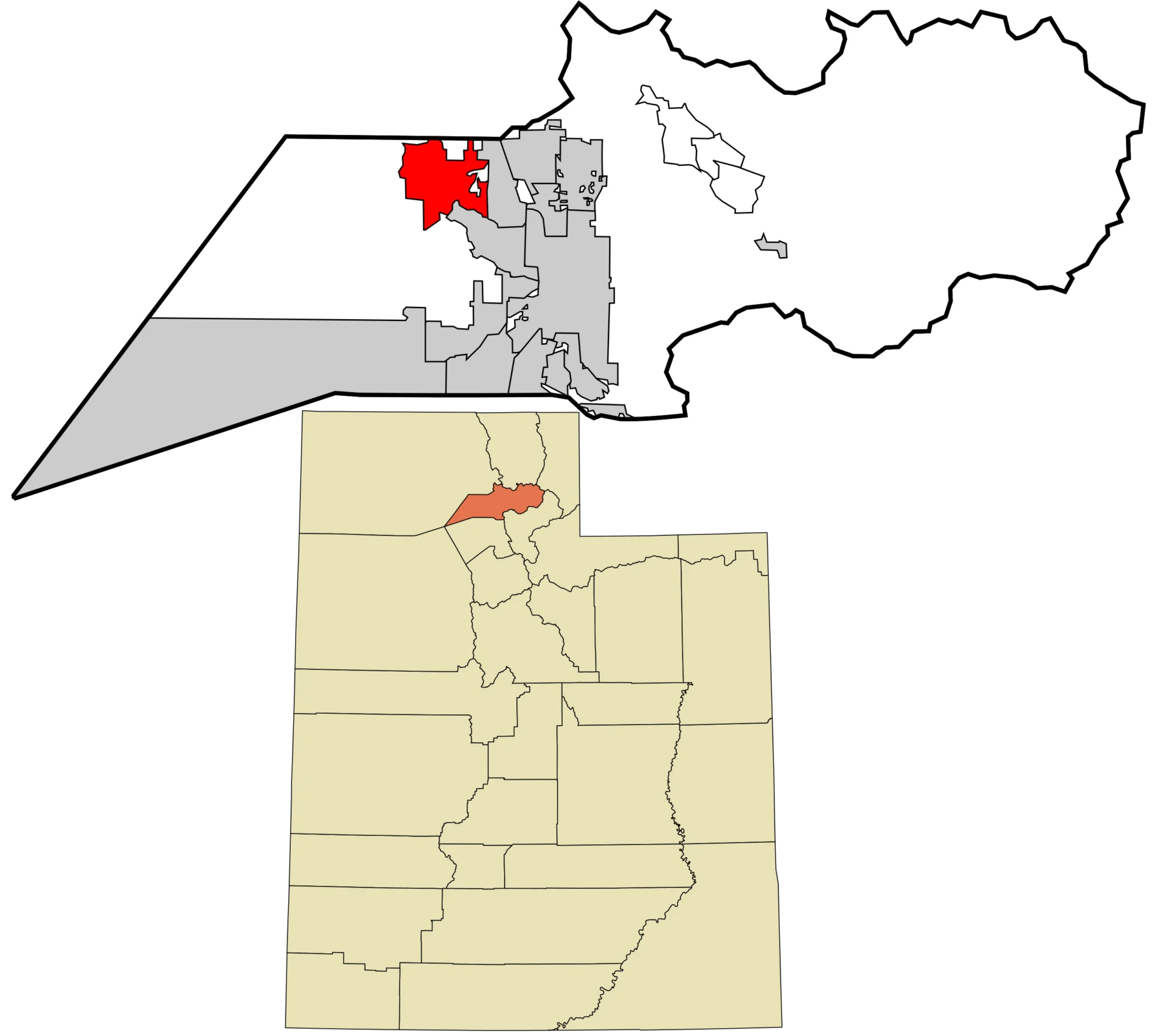 Map of Utah highlighting the location of Sandy City