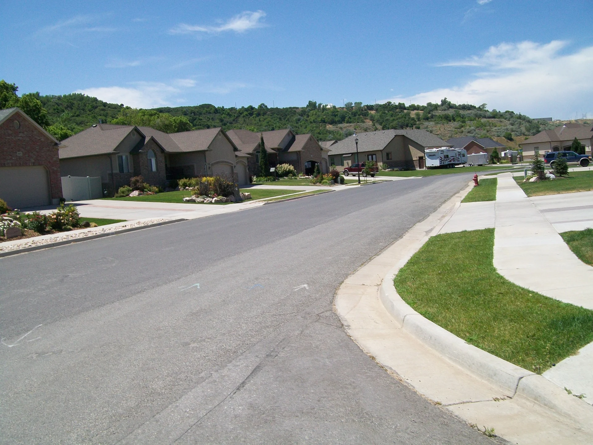 Suburban street with modern homes and green landscaping.